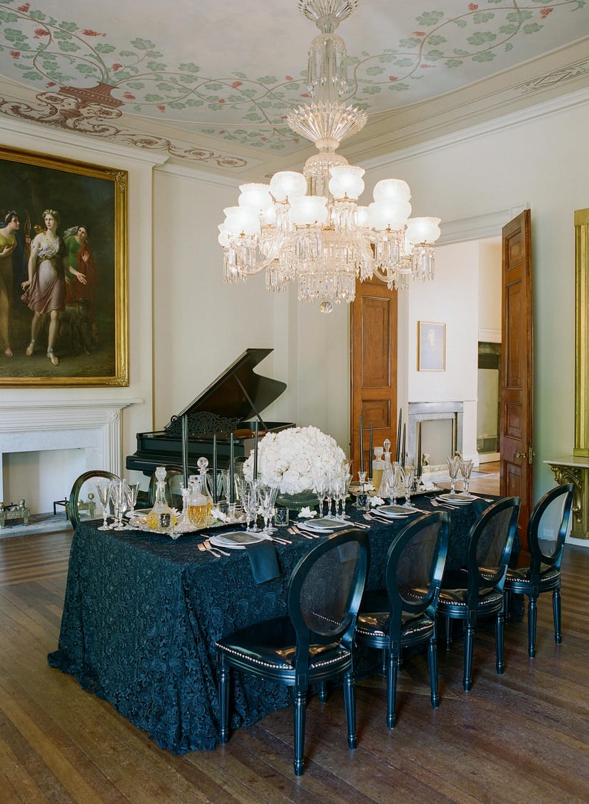 Elegant dining table in Decatur House's Upper Level for upscale events and gatherings.