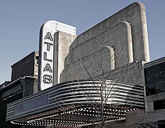Atlas Performing Arts Center exterior with retro marquee, ideal for events and screenings.