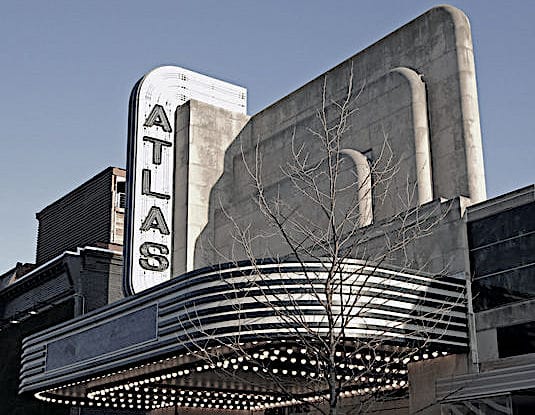 Atlas Performing Arts Center exterior with retro marquee, ideal for events and screenings.