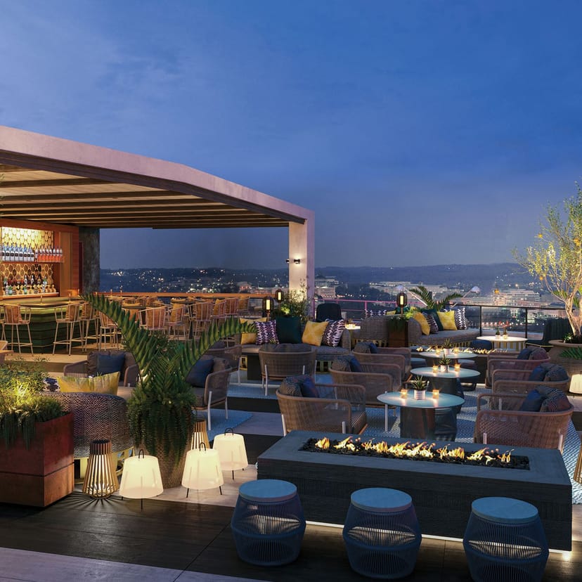 Stylish rooftop bar at Hotel Washington with panoramic city views for upscale events.