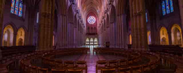 Charles A. Perry Auditorium interior with vaulted ceilings, ideal for intimate ceremonies.