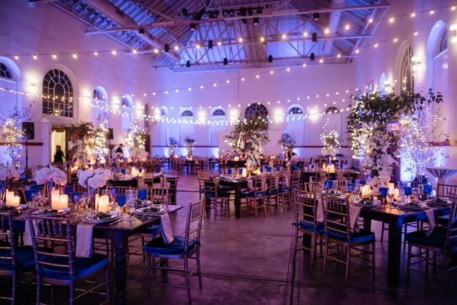 Elegant event space at Eastern Market, ideal for weddings with warm lighting and floral decor.