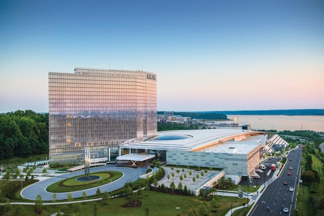 Modern conference center in Topgolf D.C. with scenic outdoor space for events and meetings.