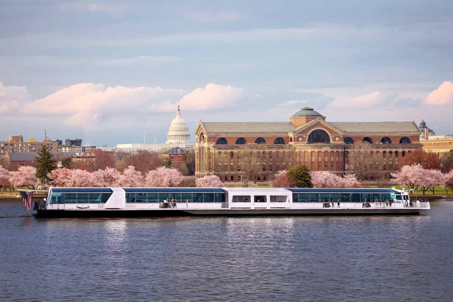 Floating event venue in Washington DC with cherry blossoms, perfect for gatherings and celebrations.