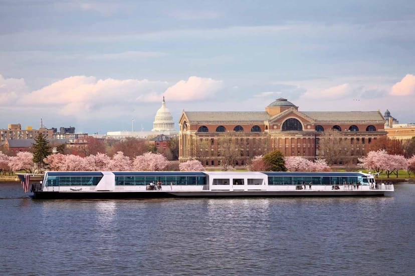 Floating event venue in Washington DC with cherry blossoms, perfect for gatherings and celebrations.