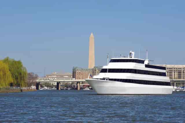 Cherry Blossom cruise ship with Washington Monument, perfect for corporate events and gatherings.