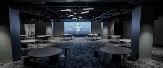 Private workspace with round tables for corporate meetings and workshops.