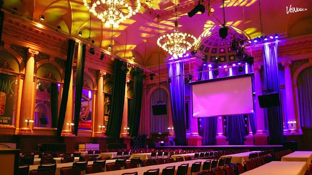 Elegant event space in Harlem with chandeliers, ideal for conferences and banquets.