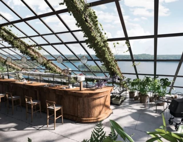Bistro at Rosendals Wärdshus: elegant glass venue for events with panoramic water views.