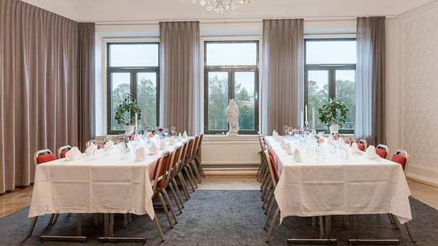 Elegant meeting space in Elite Hotels with long tables, ideal for corporate events.