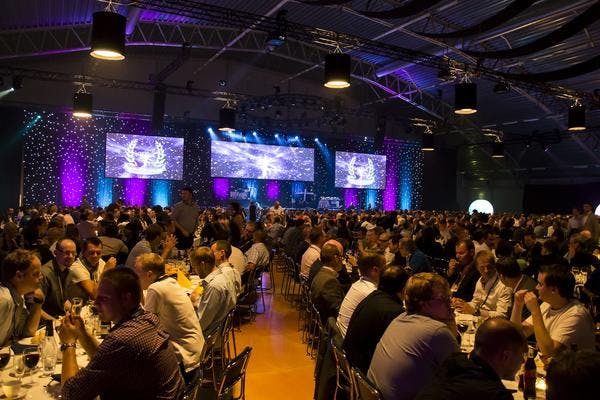 Victoriahallen event venue with vibrant lighting, ideal for conferences and galas.