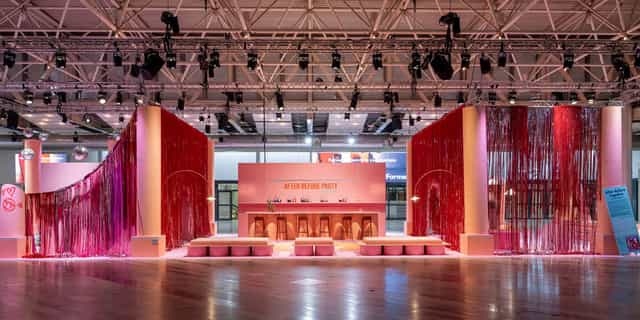 Stockholmsmässan convention center with vibrant pink decor for engaging events.