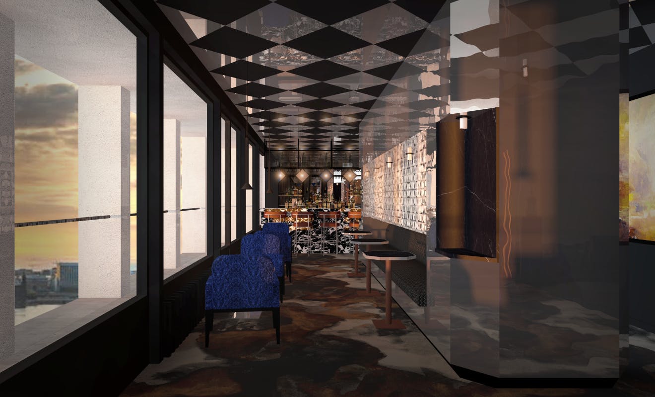 Modern beer garden with panoramic windows, perfect for upscale meetings and social events.