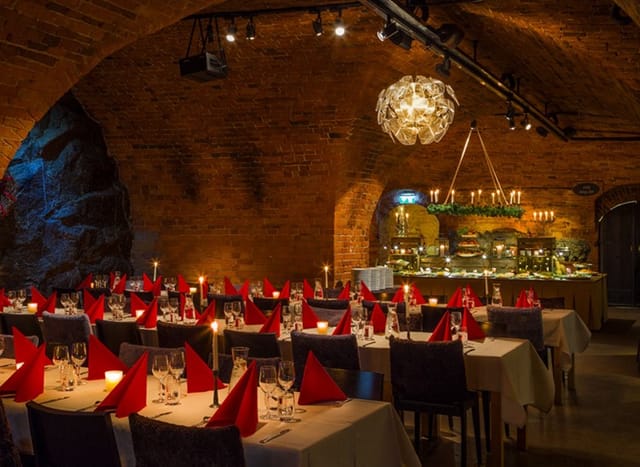 Rustic dining space at Restaurant Pansarbatteriet, perfect for upscale events and gatherings.