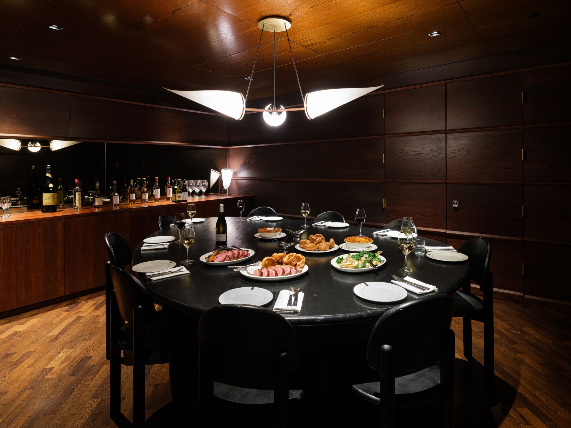 Private dining room at Lasdun Restaurant, elegant setup for corporate meetings and events.
