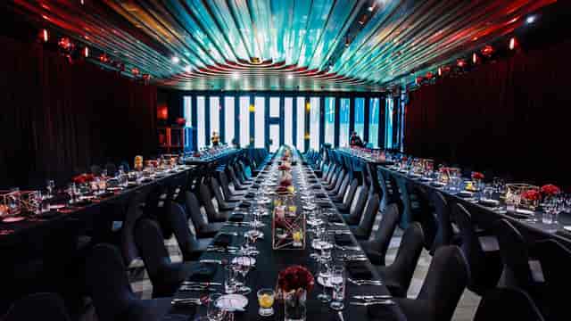 Elegant conference center in Fosun Foundation Shanghai set for formal dinner event.