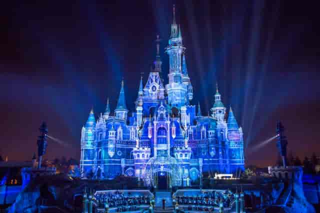 Cinderella Ballroom at Shanghai Disney Resort, illuminated castle for magical events.