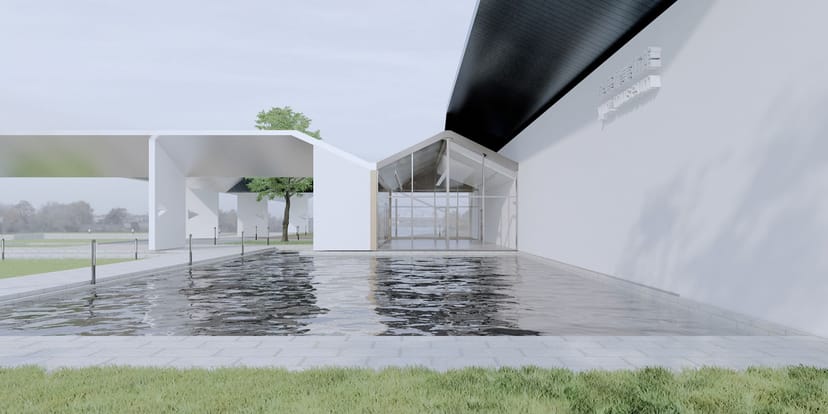 Yuz Project Room in Shanghai: modern event space with reflective water feature for gatherings.
