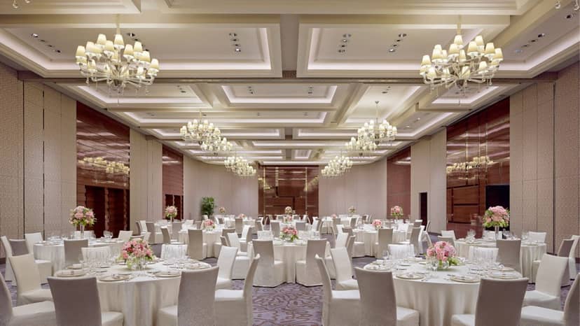 Xintiandi Grand Ballroom with elegant chandeliers, perfect for weddings and galas.