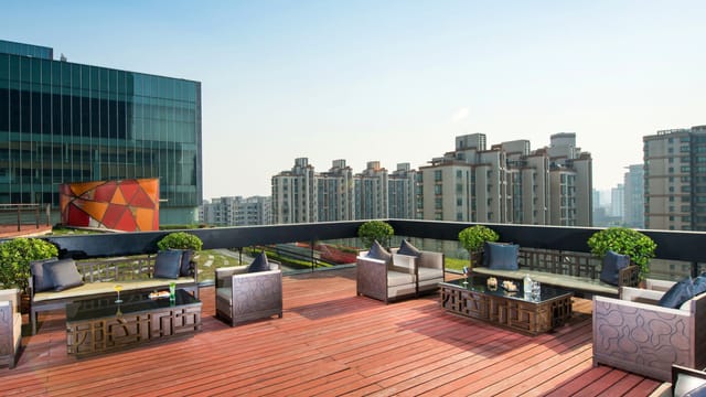 Stylish rooftop terrace at Jumeirah Himalayas Hotel, perfect for upscale events and gatherings.