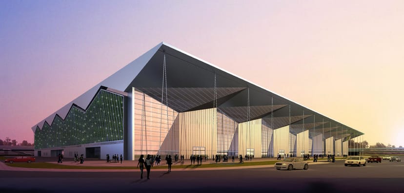 Modern Shanghai Exhibition Hall 4 with glass facades, perfect for trade shows and conferences.