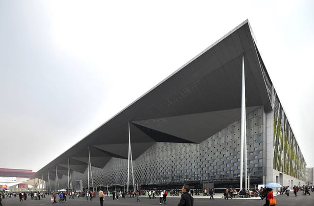 Exhibition Hall 4, Shanghai: modern convention center with angular roof for events.