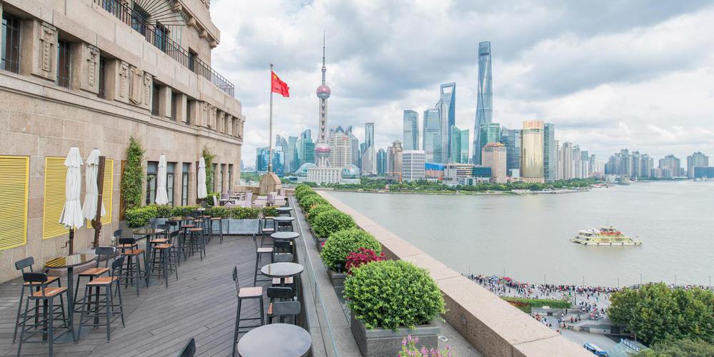 Rooftop terrace at Fairmont Peace Hotel, stylish venue for upscale events in Shanghai.