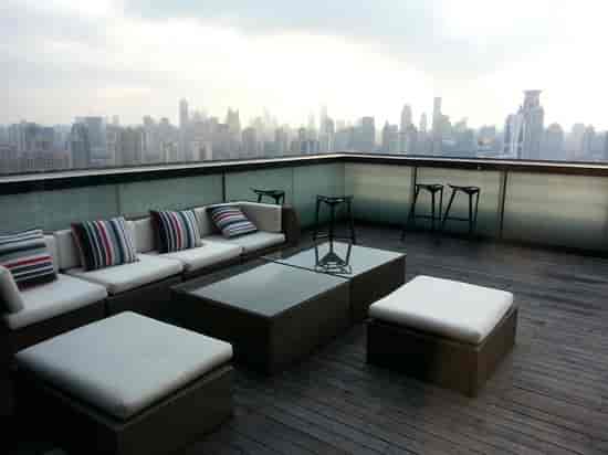 Rooftop lounge at Hotel Indigo Shanghai with skyline view, ideal for networking events.