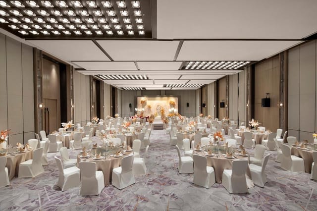 Grand Ballroom at Holiday Inn Shanghai Pudong, elegant tables set for weddings and corporate events.