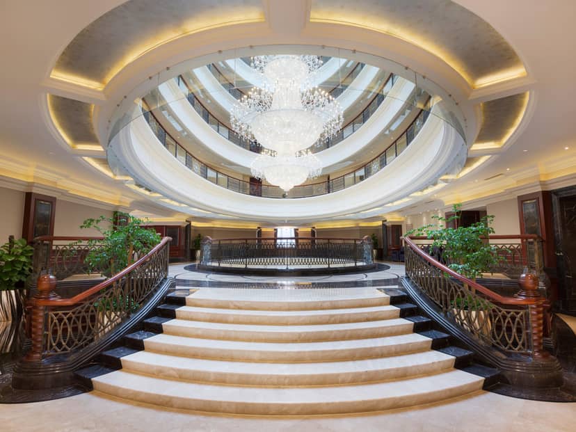 Elegant banquet hall with chandeliers, ideal for upscale events in Shanghai.