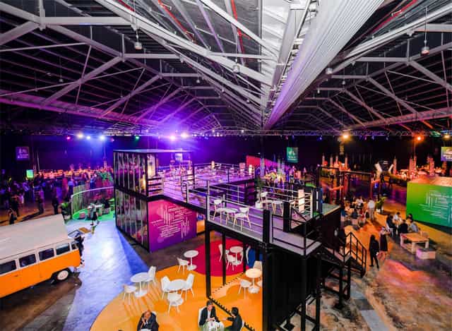 Vibrant Singapore EXPO exhibition hall with colorful lighting for conferences and events.