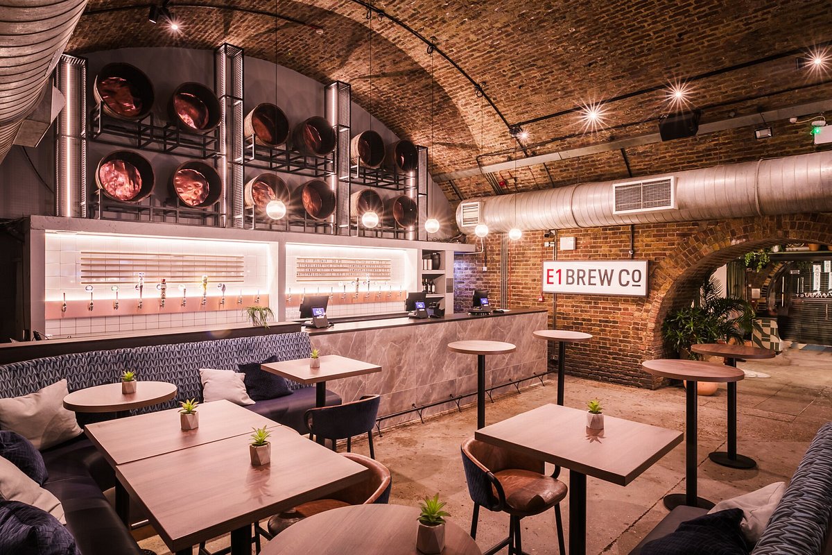 Brewery event venue, exposed brick bar, product launch reception