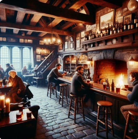 Cozy rustic pub with warm lighting, ideal for networking events and team-building.