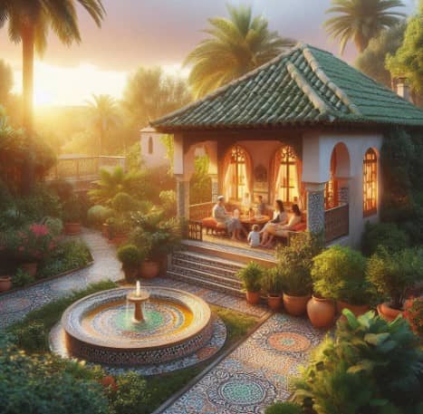 Serene outdoor yoga space with lush greenery, ideal for retreats and networking events.