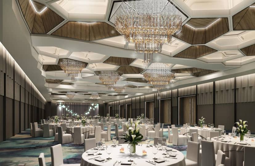 Pacific Ballroom, Pan Pacific Singapore, elegant hexagonal ceiling for upscale events.