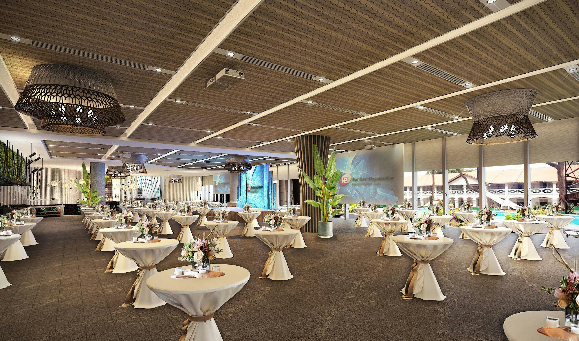 Sophisticated event space with round tables, ideal for formal gatherings and celebrations.