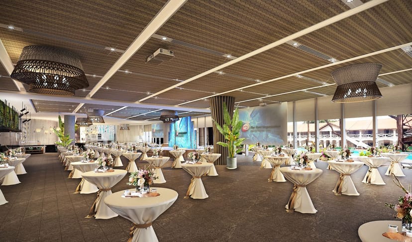 Sophisticated event space with round tables, ideal for formal gatherings and celebrations.
