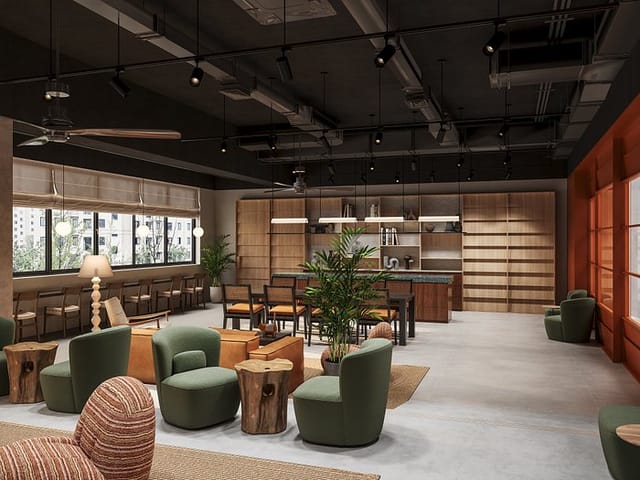 Modern outdoor bar in Alma, featuring natural light and versatile seating for workshops.