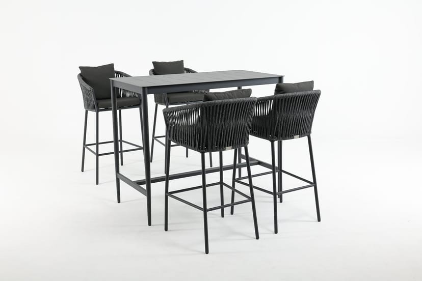 Sleek outdoor bar with high-top table and stylish stools for networking events.