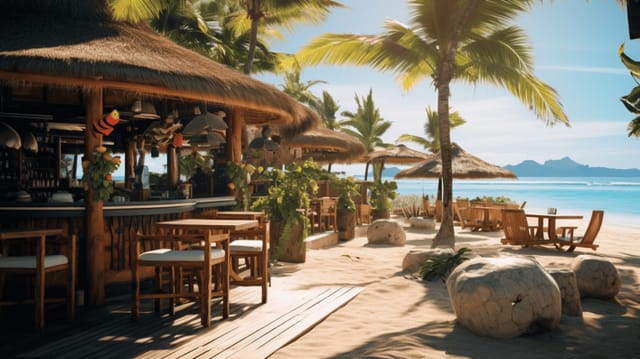 Bar at Ola Beach Club, rustic design, ideal for tropical events and gatherings.