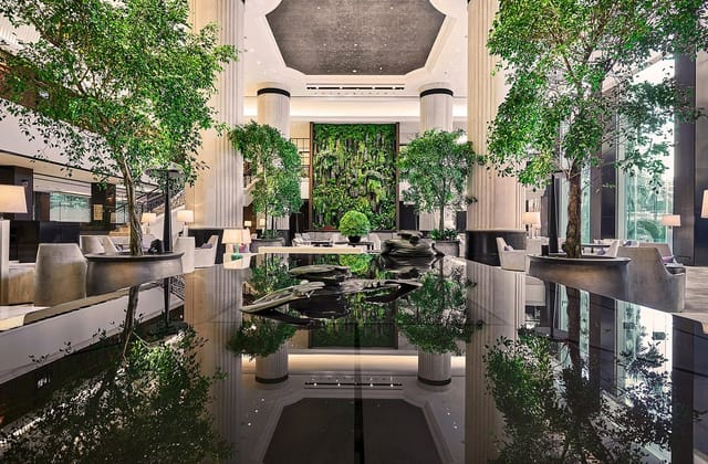 Sophisticated Oasia Hotels lobby with lush greenery, ideal for upscale meetings and events.