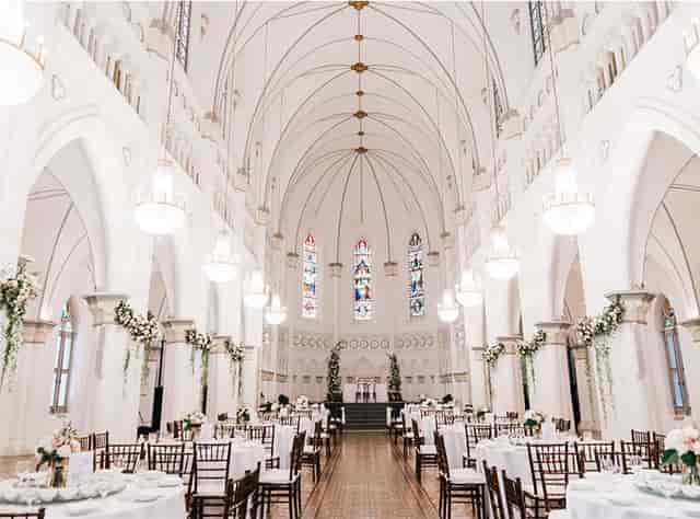 Elegant CHIJMES event space with high ceilings, perfect for weddings and gatherings.