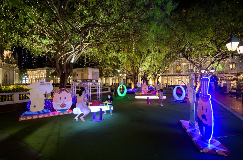 Vibrant outdoor event space at CHIJMES with colorful lighting for festive celebrations.