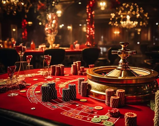 Casino-themed corporate party venue with roulette table and vibrant decor. - Banner
