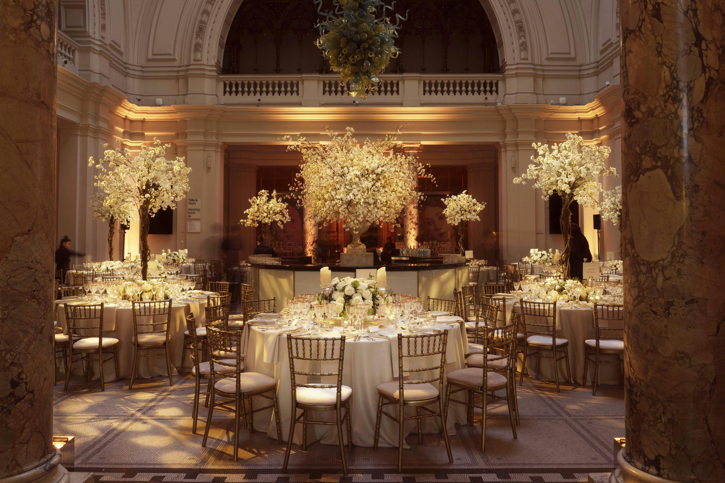 Elegant event space at V&A South Kensington with floral centerpieces for weddings and corporate events.