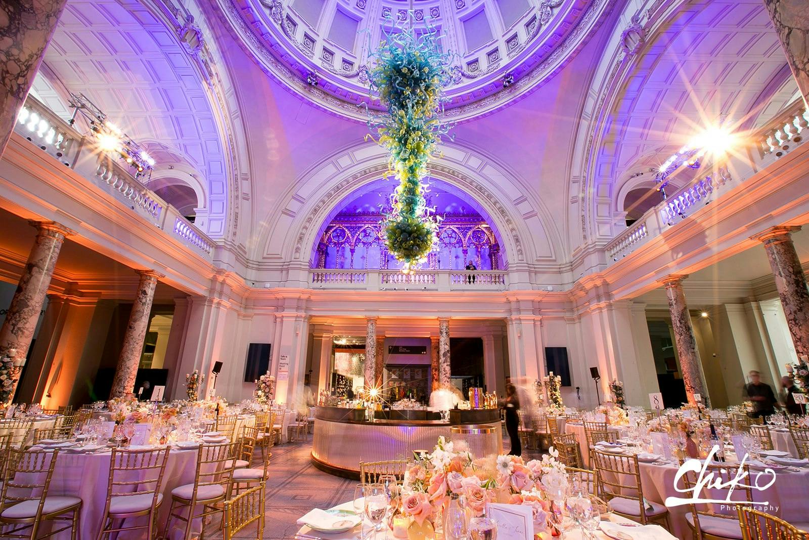 Elegant event space in V&A South Kensington with floral decor, ideal for weddings and corporate events.