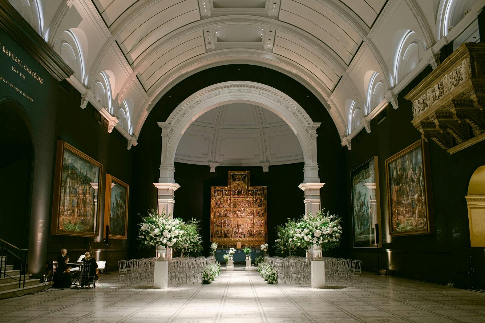 Elegant Raphael Court venue with high ceilings, ideal for weddings and formal events.