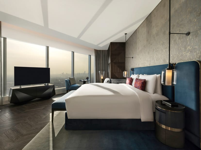 Modern hotel room in SO/Uptown Dubai with city views, ideal for VIP events and retreats.