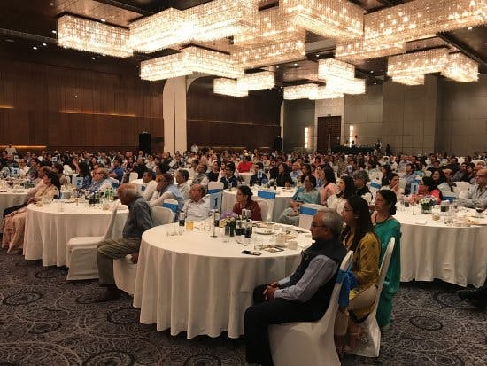 Grand Crystal Ballroom at JW Marriott New Delhi, elegant event with blue accents.