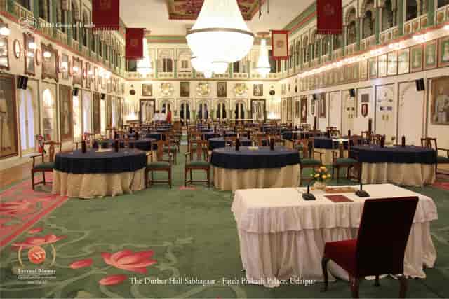 Banquet Hall in Fateh Prakash Palace, Udaipur, elegant setup for conferences and events.